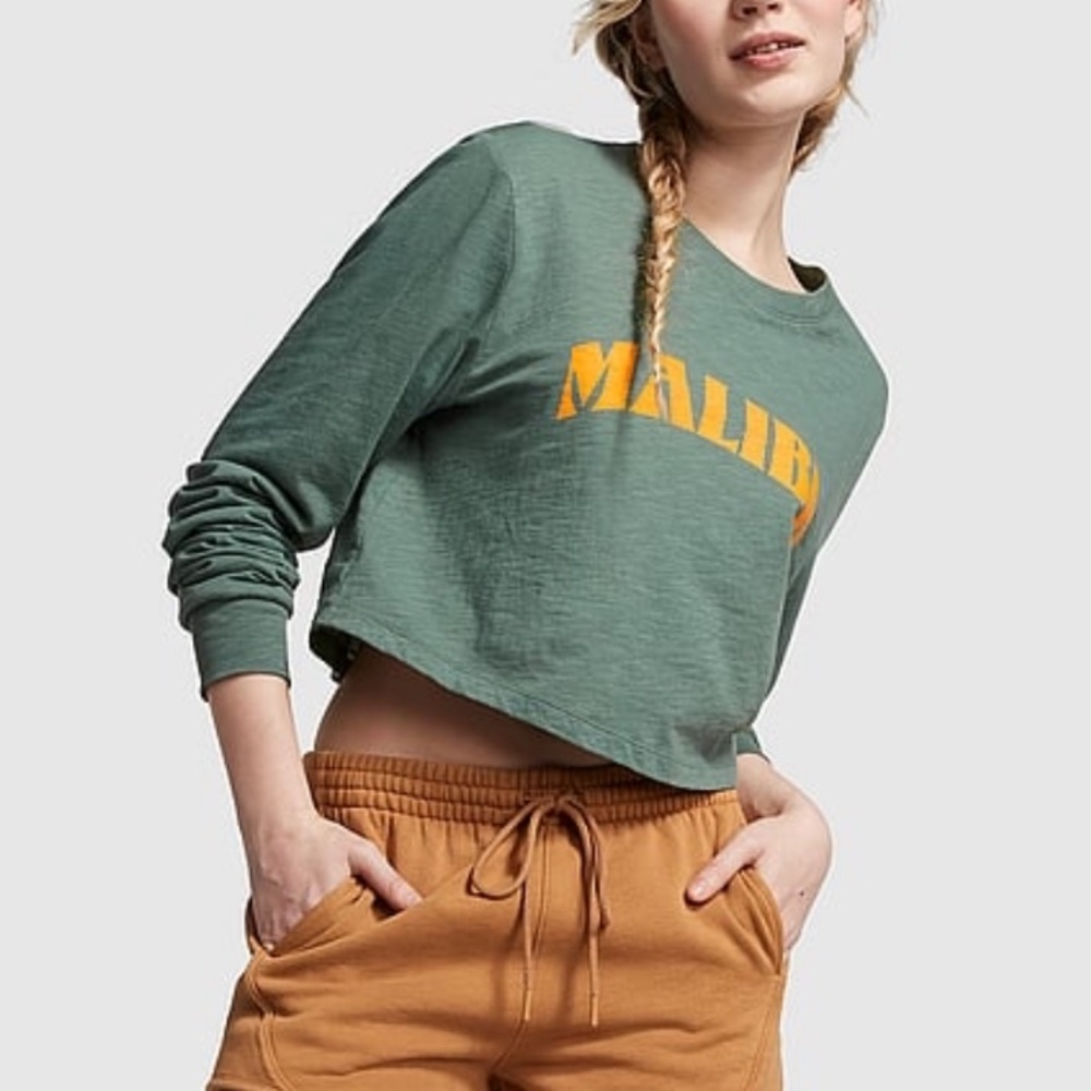 Victoria’s Secret PINK MALIBU Forest Green Cotton Cropped Long Sleeved T-Shirt